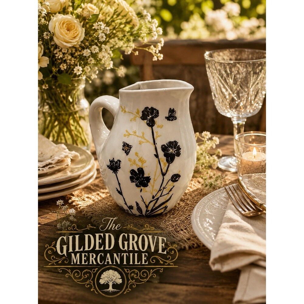 NEW Tag Hand-Painted Floral Ceramic Pitcher Yellow Sunflowers Black Wildflowers
